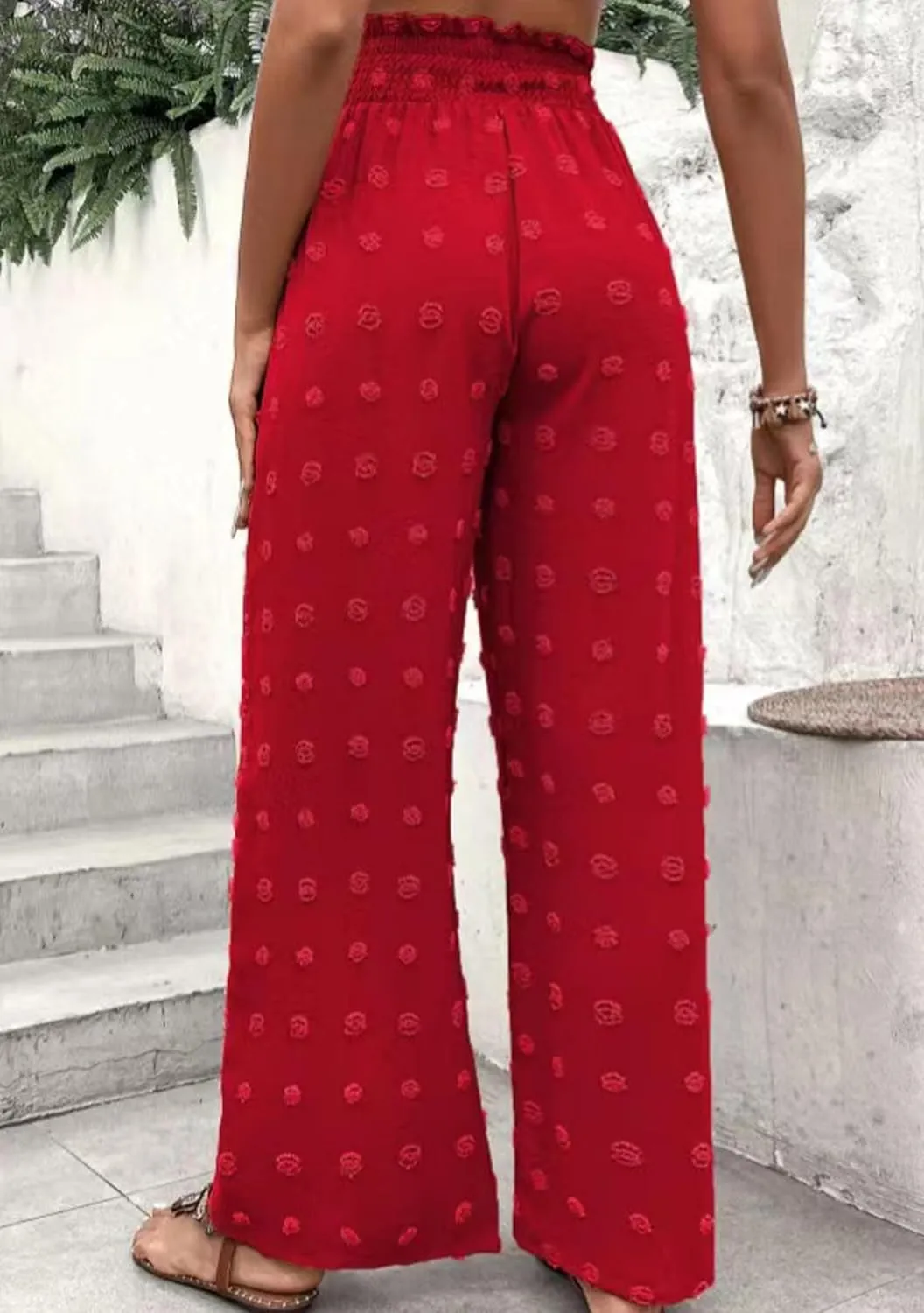 DIACACY Womens Swiss Dot Wide Leg High Waist Pants Flowy Adjustable Knot Trousers Loose Casual Pants