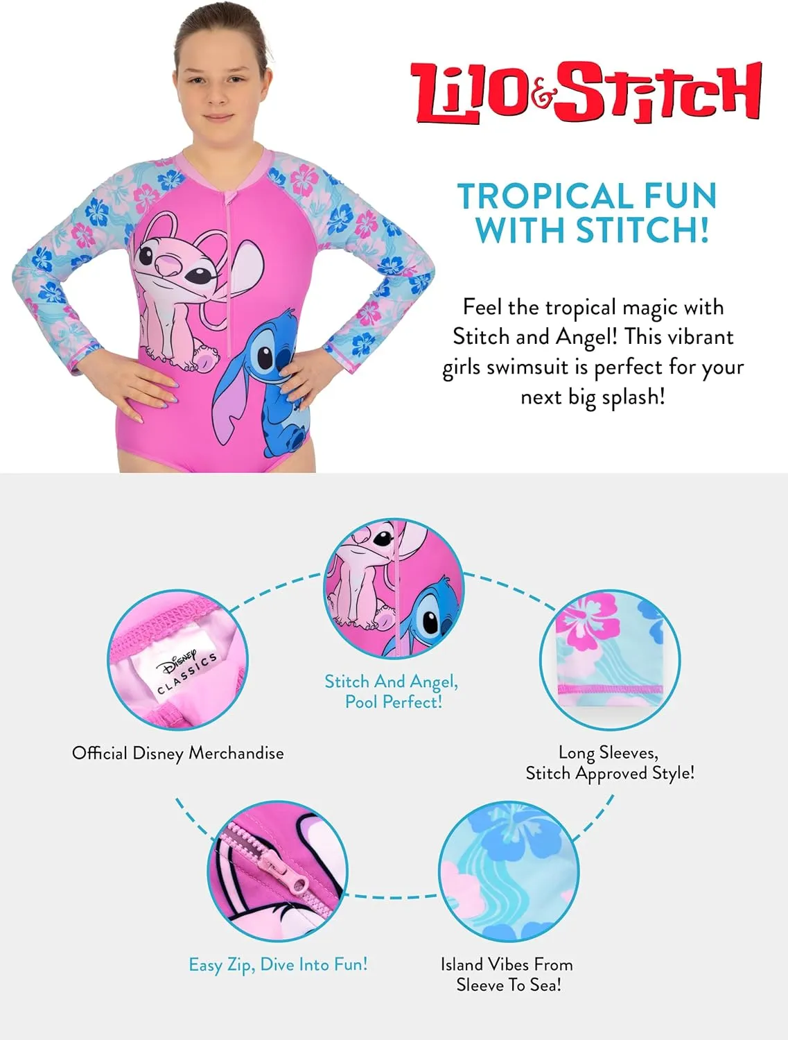 Disney Bathing Suit | Stitch Swimsuit Girls | Lilo and Stitch Long Sleeve Girls Swimsuit | Kids Bathing Suit