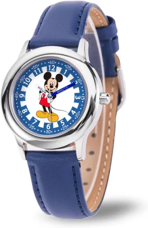 Disney Mickey Mouse Kids' Stainless Steel Time Teacher Analog Leather Strap Watch