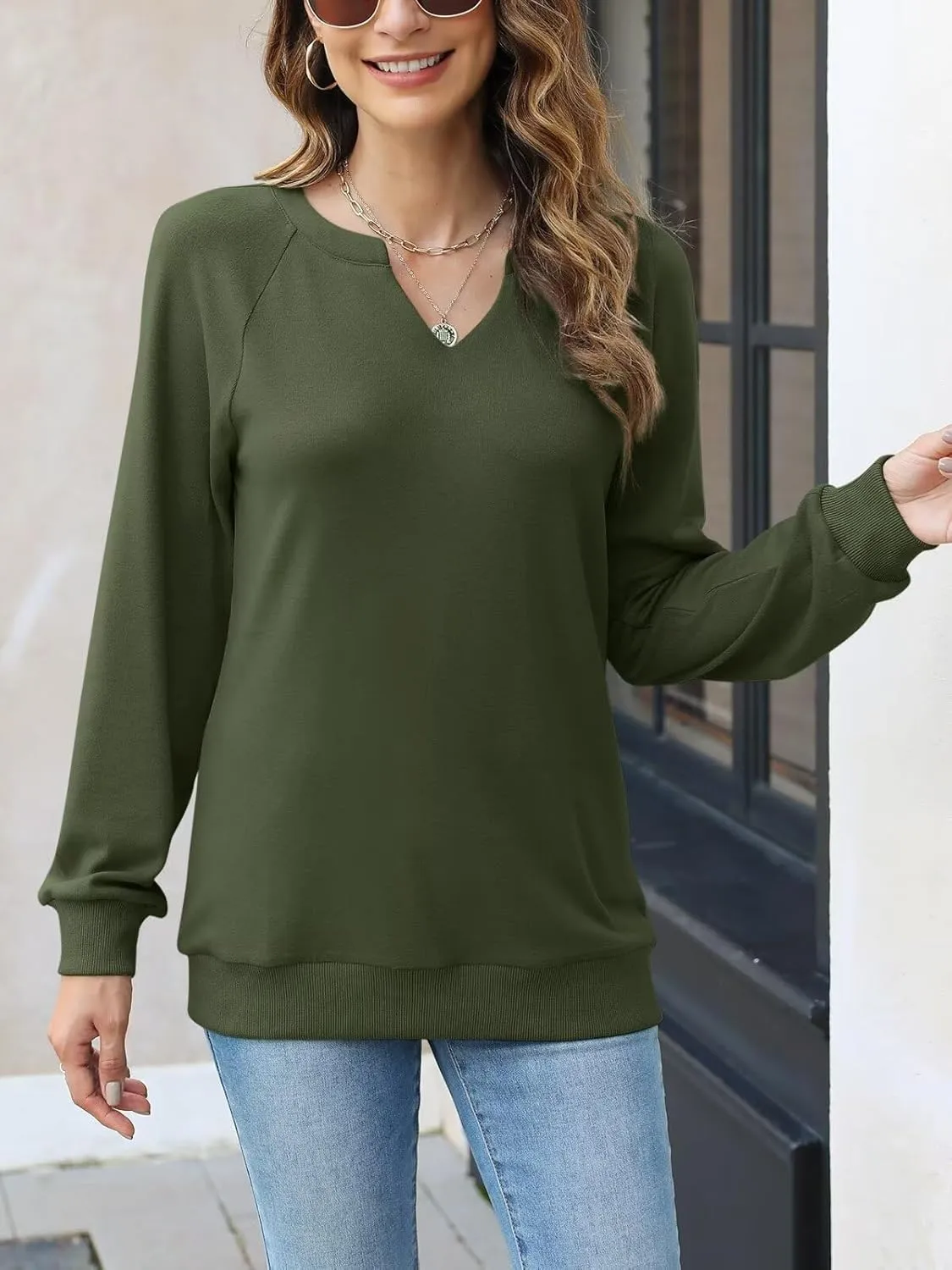 EADINVE Women Casual Long Sleeve V Neck Sweatshirts Cute Loose Fit Lightweight Pullover Tops