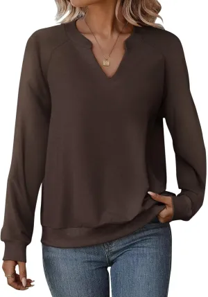 EADINVE Women Casual Long Sleeve V Neck Sweatshirts Cute Loose Fit Lightweight Pullover Tops