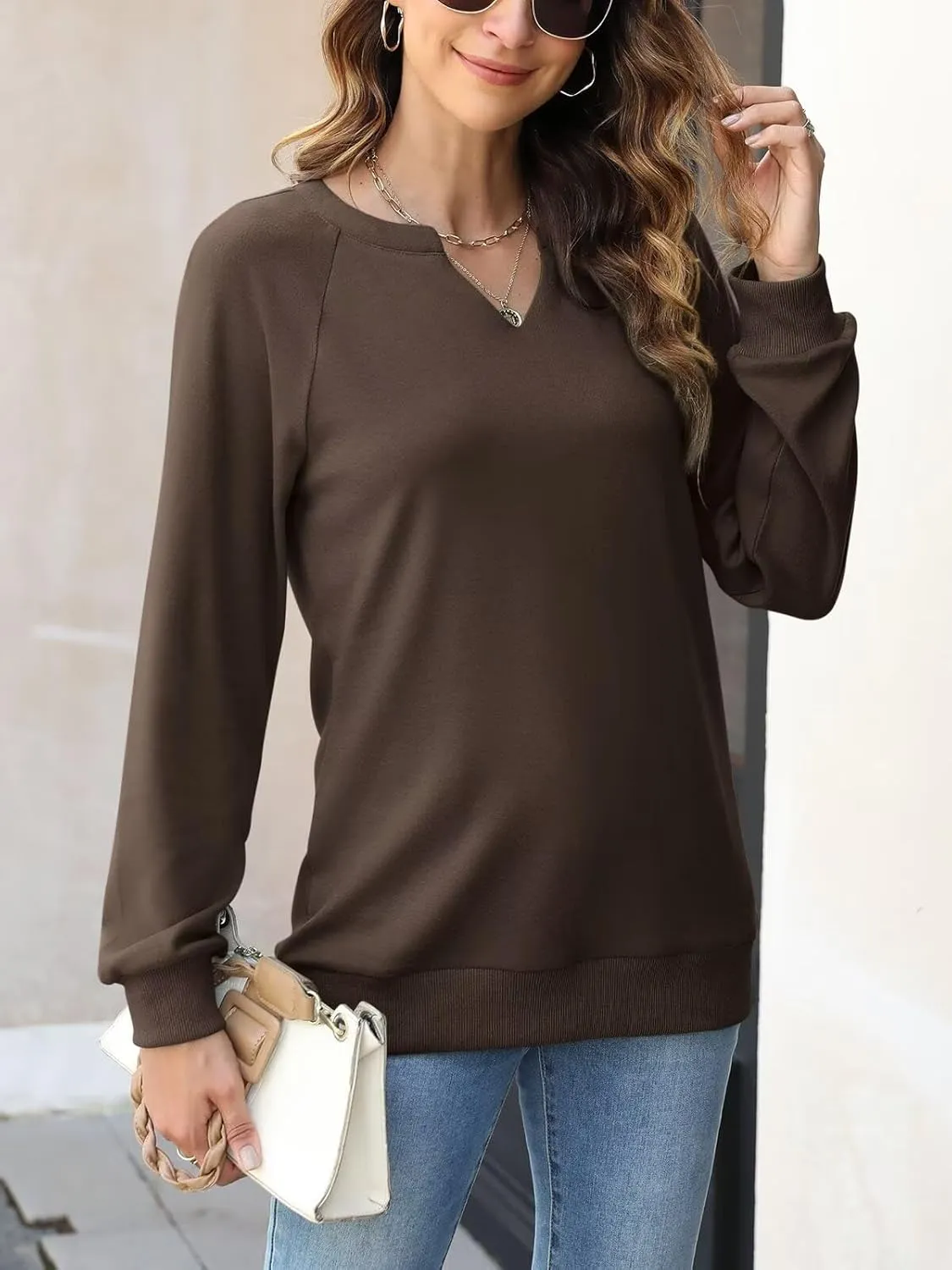 EADINVE Women Casual Long Sleeve V Neck Sweatshirts Cute Loose Fit Lightweight Pullover Tops