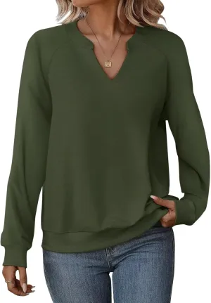 EADINVE Women Casual Long Sleeve V Neck Sweatshirts Cute Loose Fit Lightweight Pullover Tops