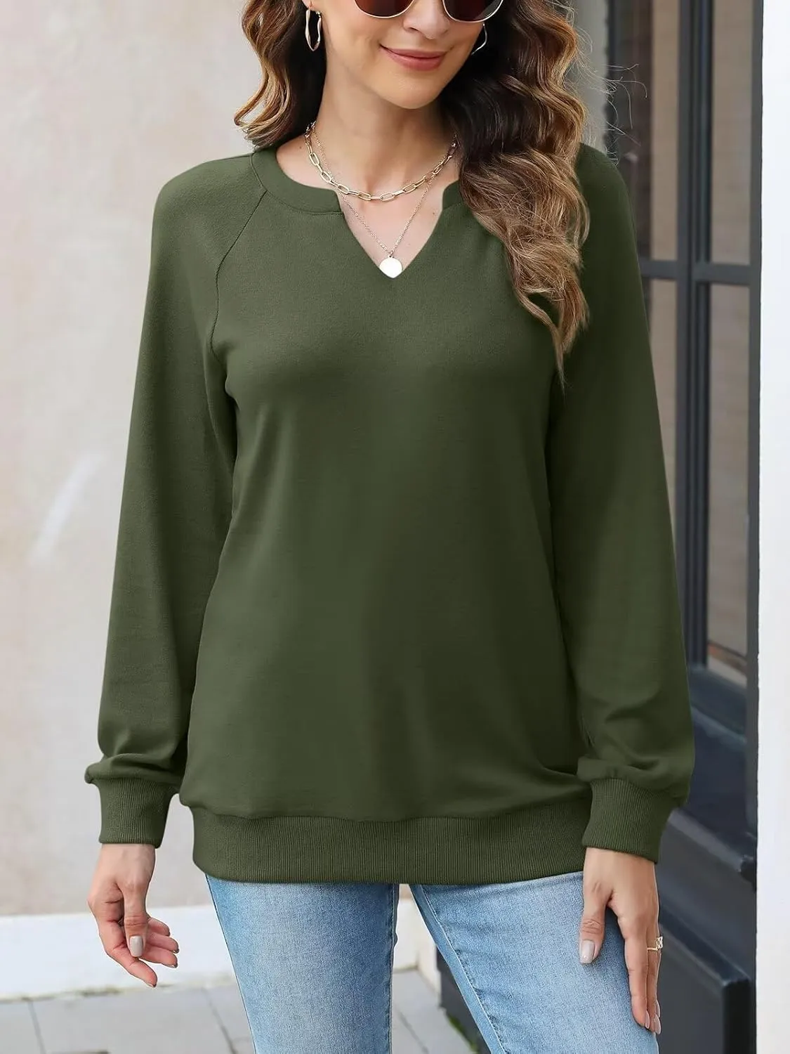 EADINVE Women Casual Long Sleeve V Neck Sweatshirts Cute Loose Fit Lightweight Pullover Tops