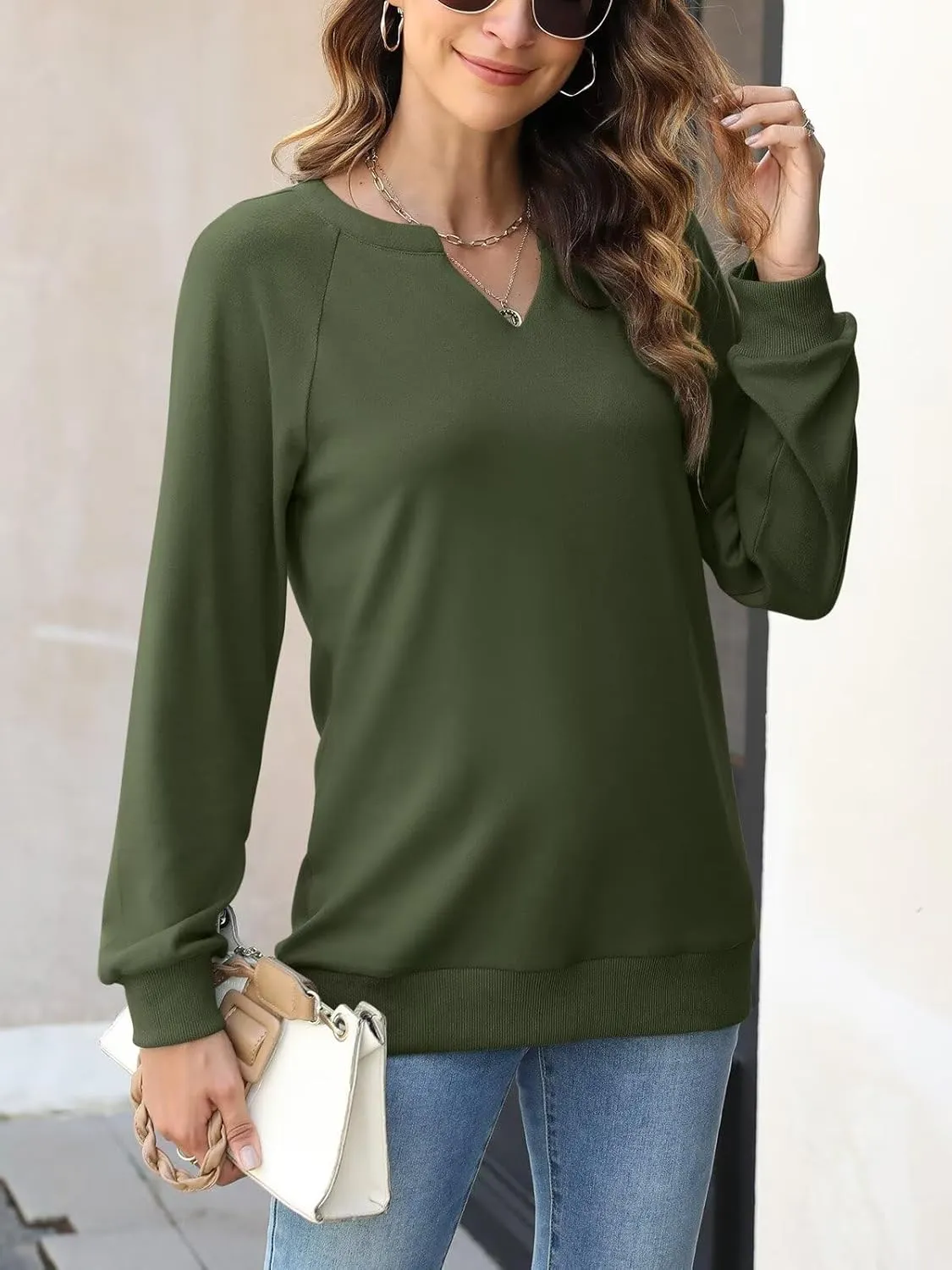 EADINVE Women Casual Long Sleeve V Neck Sweatshirts Cute Loose Fit Lightweight Pullover Tops