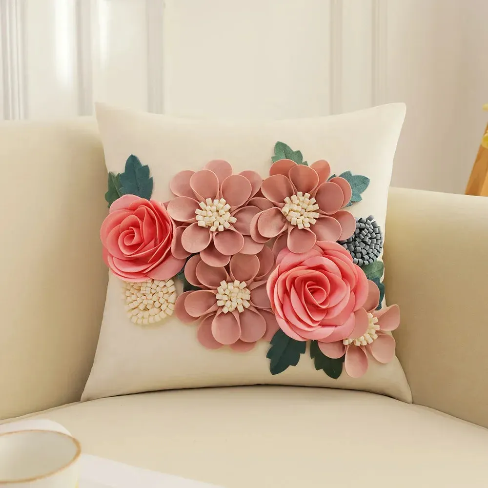 Elegant French Rose Patchwork Cushion Cover – 3D Floral Design, Decorative