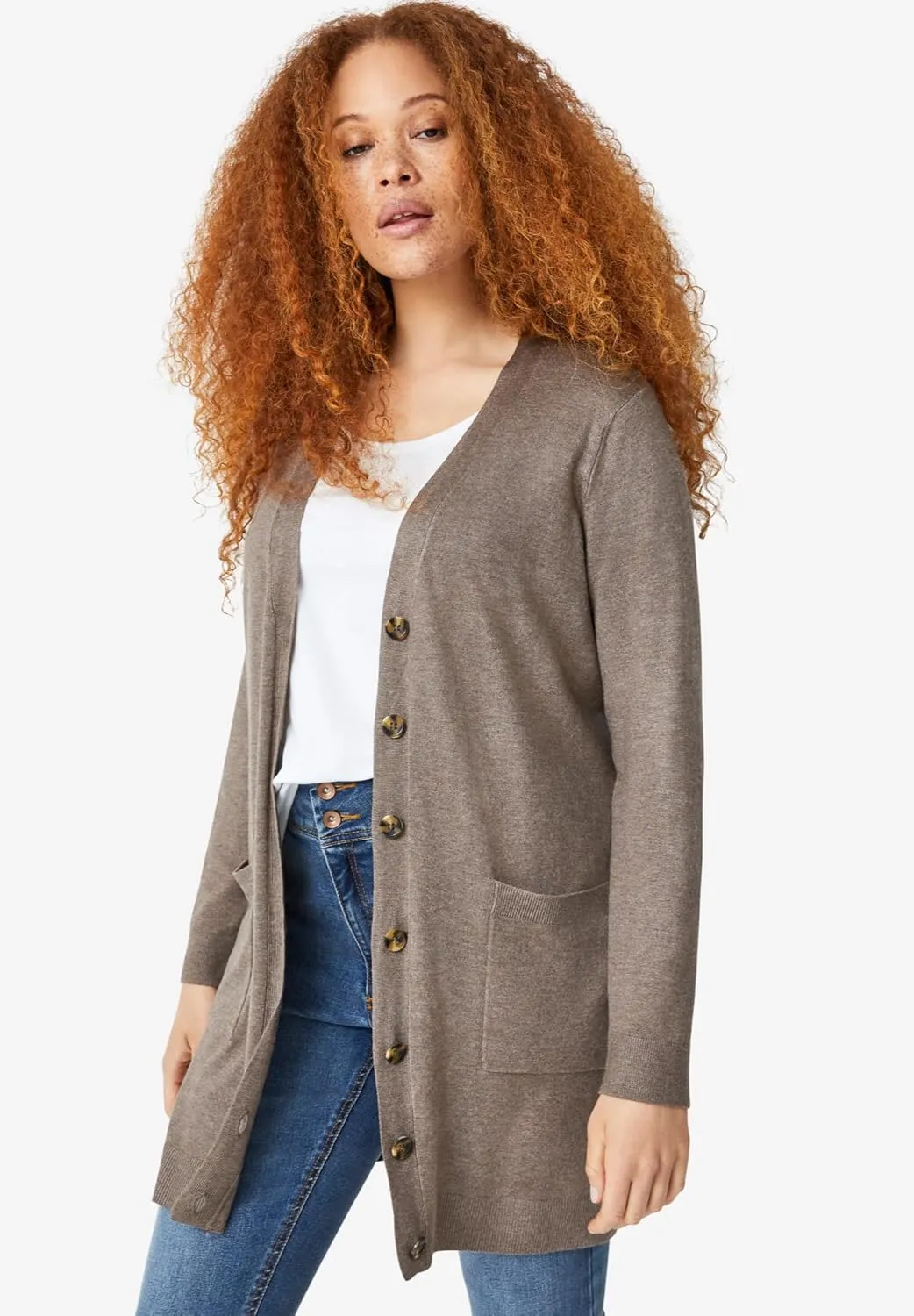 ellos Plus Size Long Button Front Cardigan