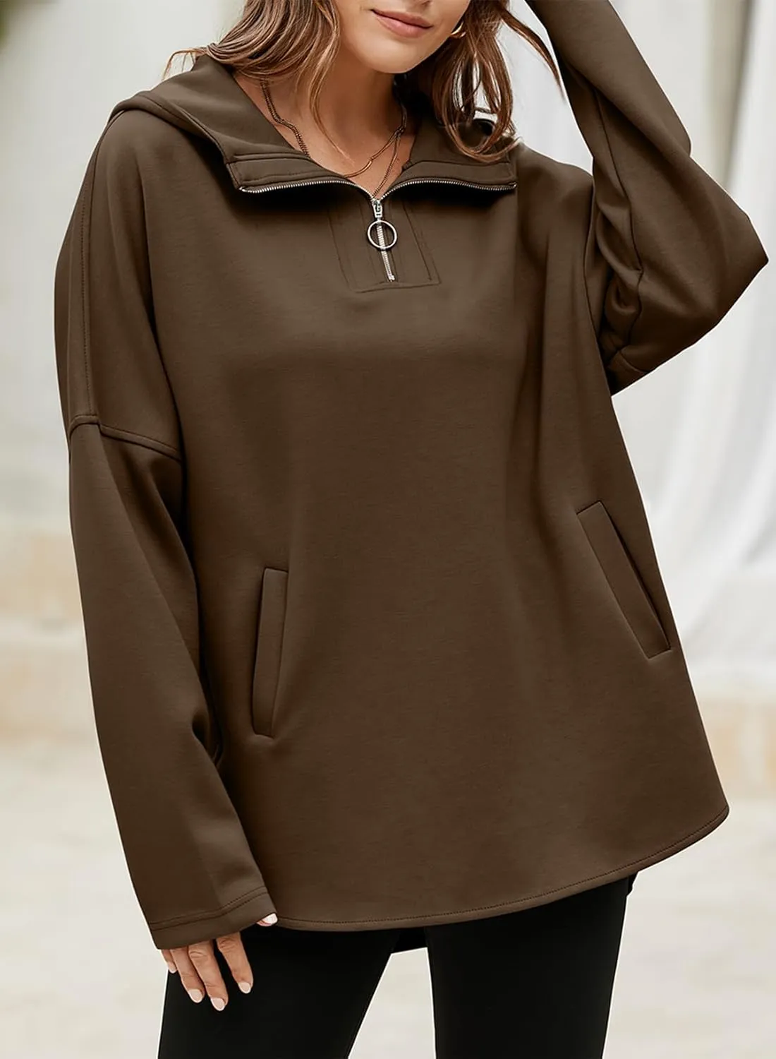 EVALESS Women's Oversized Hoodies Casual Long Sleeve Half Zipper Pocket Sweatshirt Pullover Tops