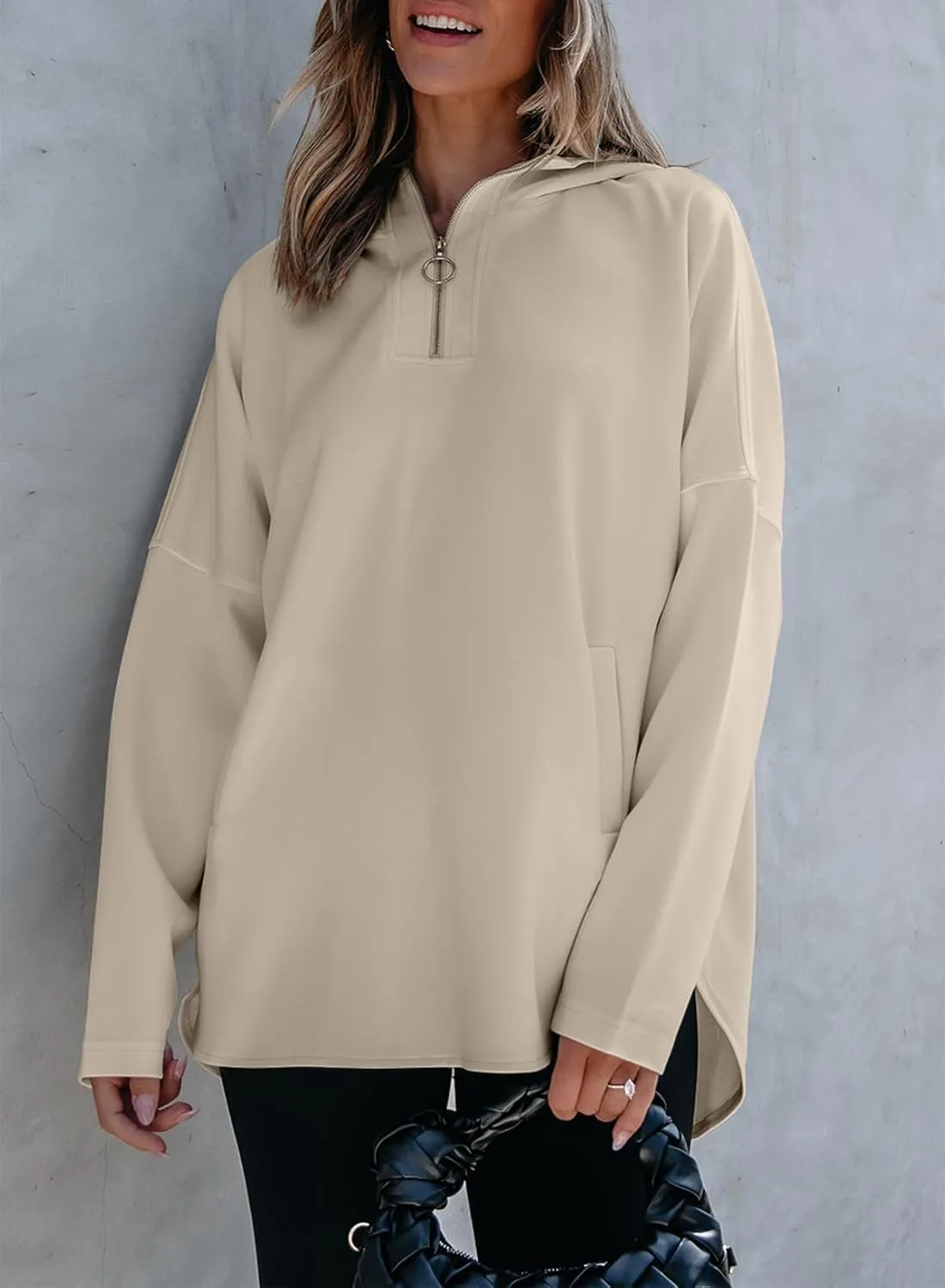 EVALESS Women's Oversized Hoodies Casual Long Sleeve Half Zipper Pocket Sweatshirt Pullover Tops