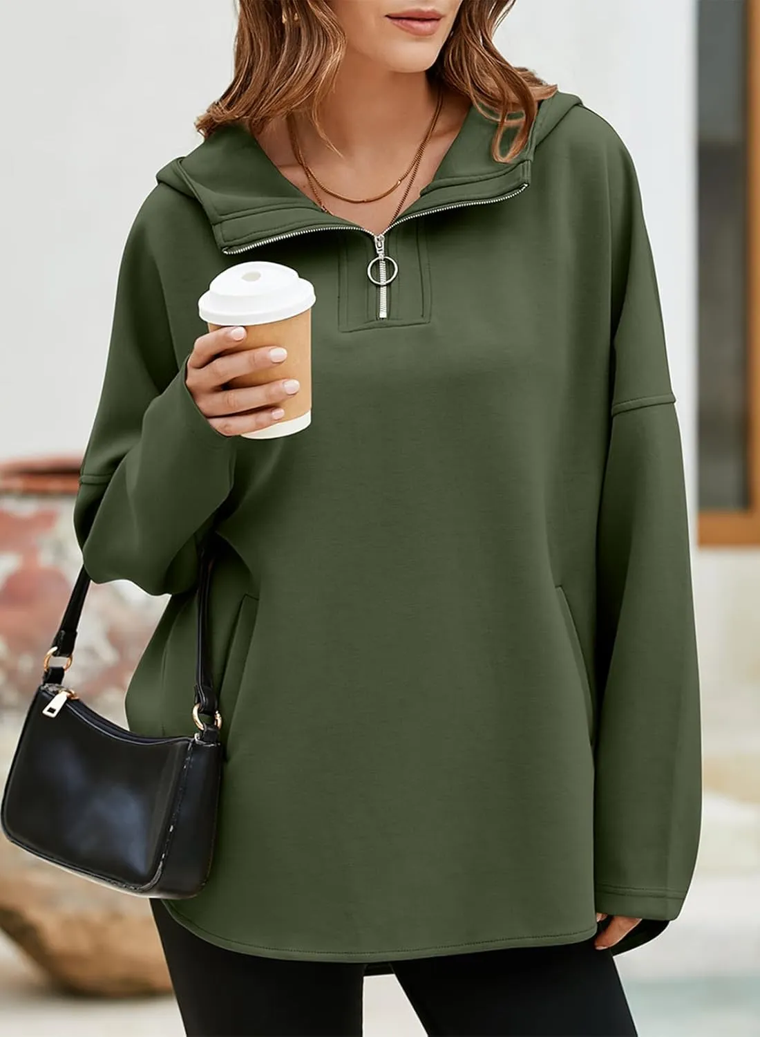 EVALESS Women's Oversized Hoodies Casual Long Sleeve Half Zipper Pocket Sweatshirt Pullover Tops