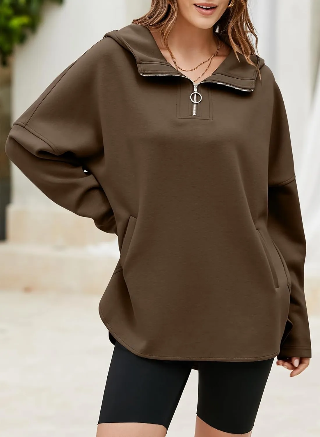 EVALESS Women's Oversized Hoodies Casual Long Sleeve Half Zipper Pocket Sweatshirt Pullover Tops