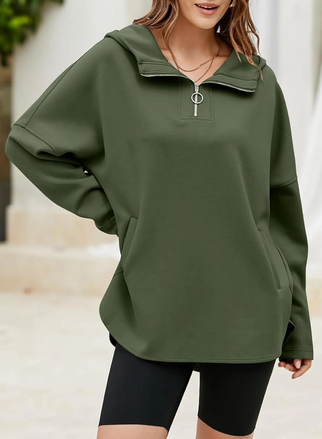 EVALESS Women's Oversized Hoodies Casual Long Sleeve Half Zipper Pocket Sweatshirt Pullover Tops