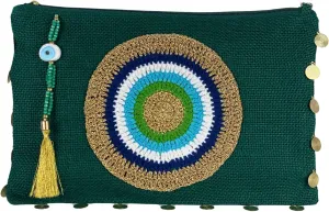 Evil Eye Jute Small Pouch Bag Green Coin Bag Zipper Closure with Tassel