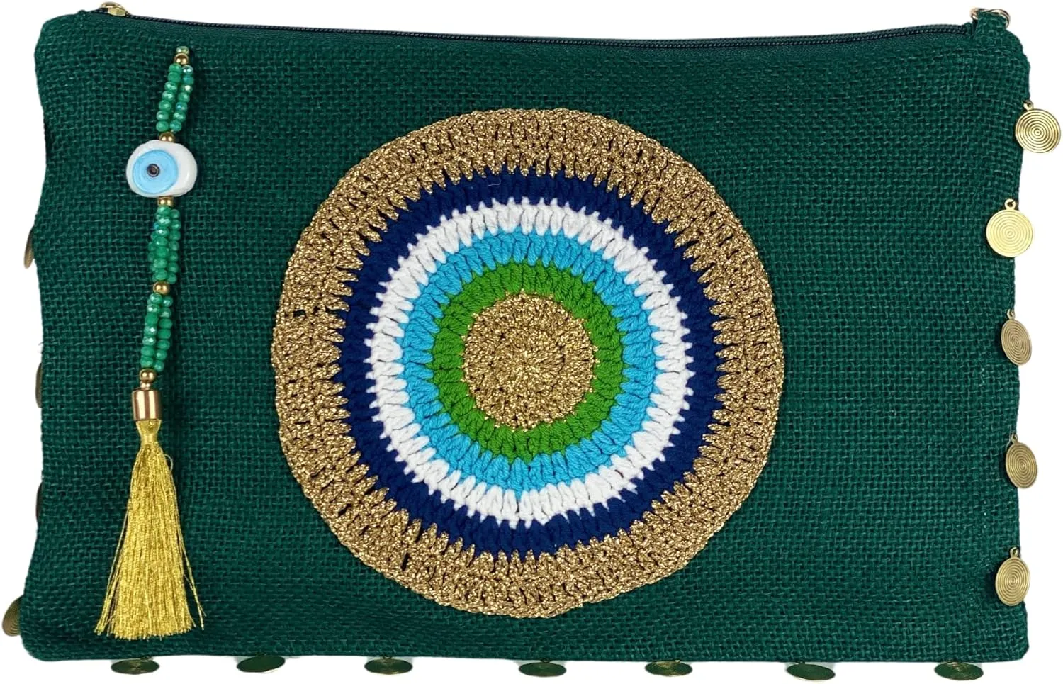 Evil Eye Jute Small Pouch Bag Green Coin Bag Zipper Closure with Tassel