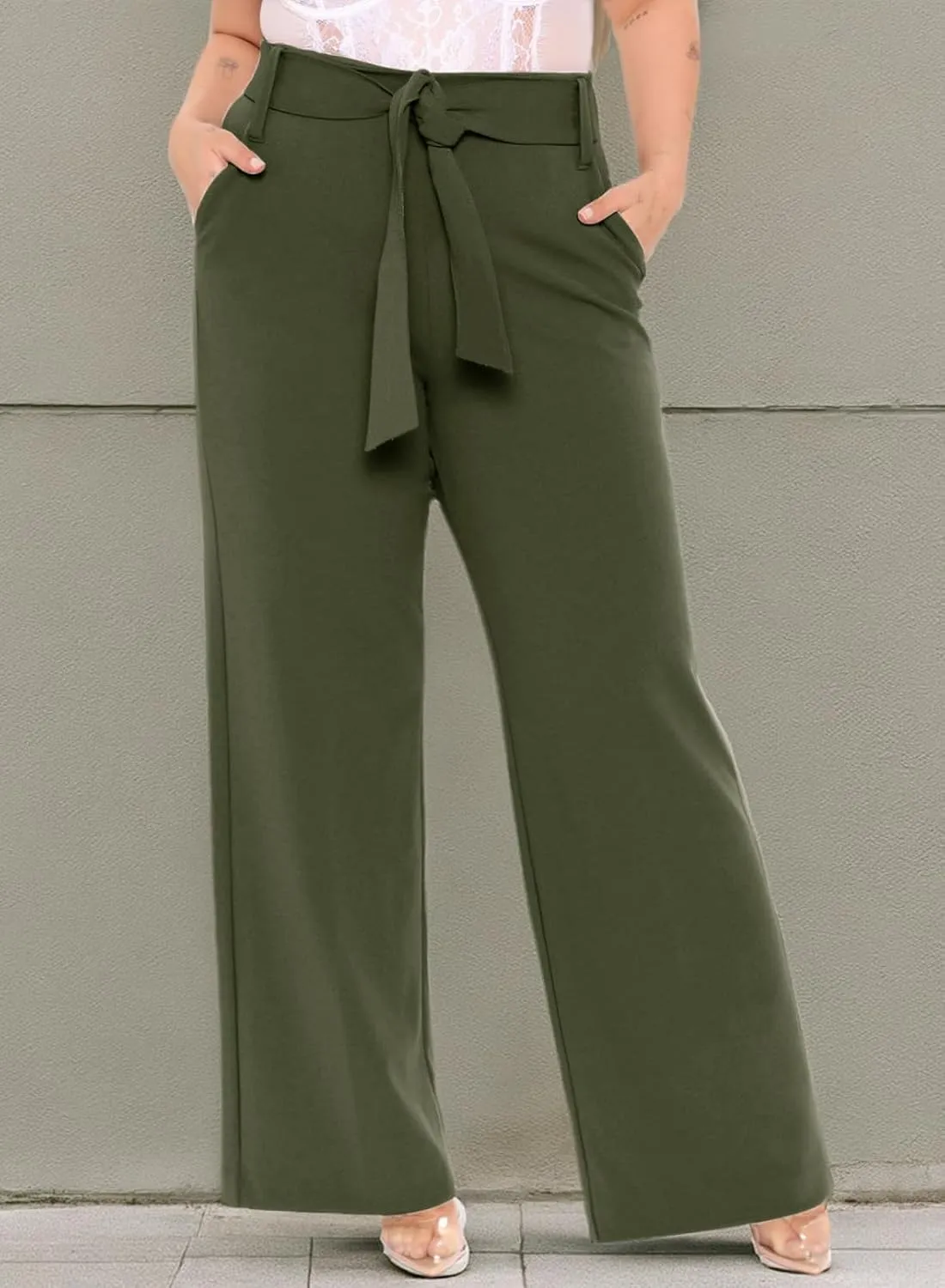 Eytino Womens Plus Size Stretch Dress Pants Comfy Wide Leg Belted Lounge Pants for Office, 1X-5X