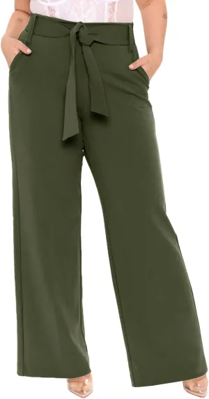 Eytino Womens Plus Size Stretch Dress Pants Comfy Wide Leg Belted Lounge Pants for Office, 1X-5X