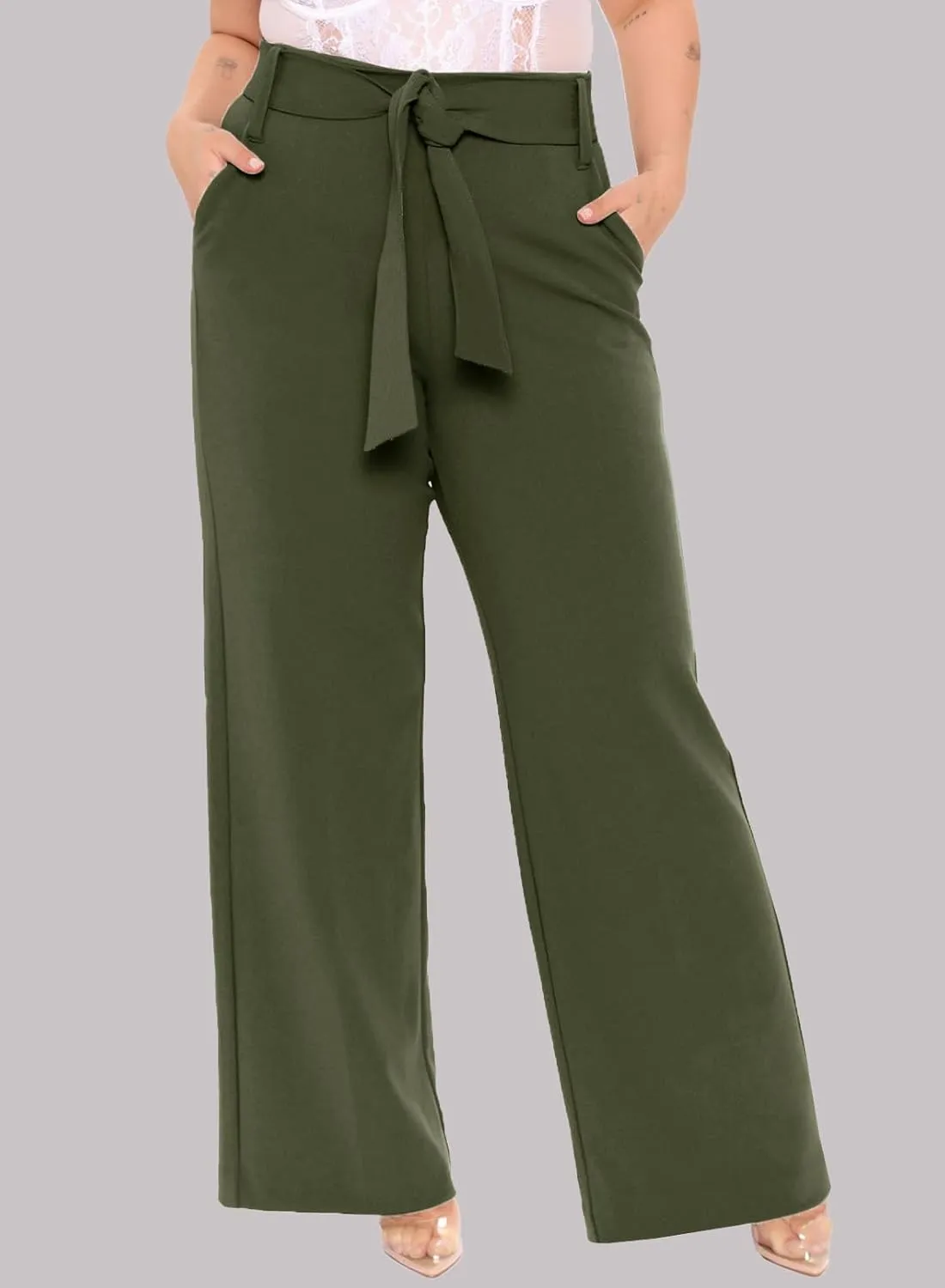 Eytino Womens Plus Size Stretch Dress Pants Comfy Wide Leg Belted Lounge Pants for Office, 1X-5X