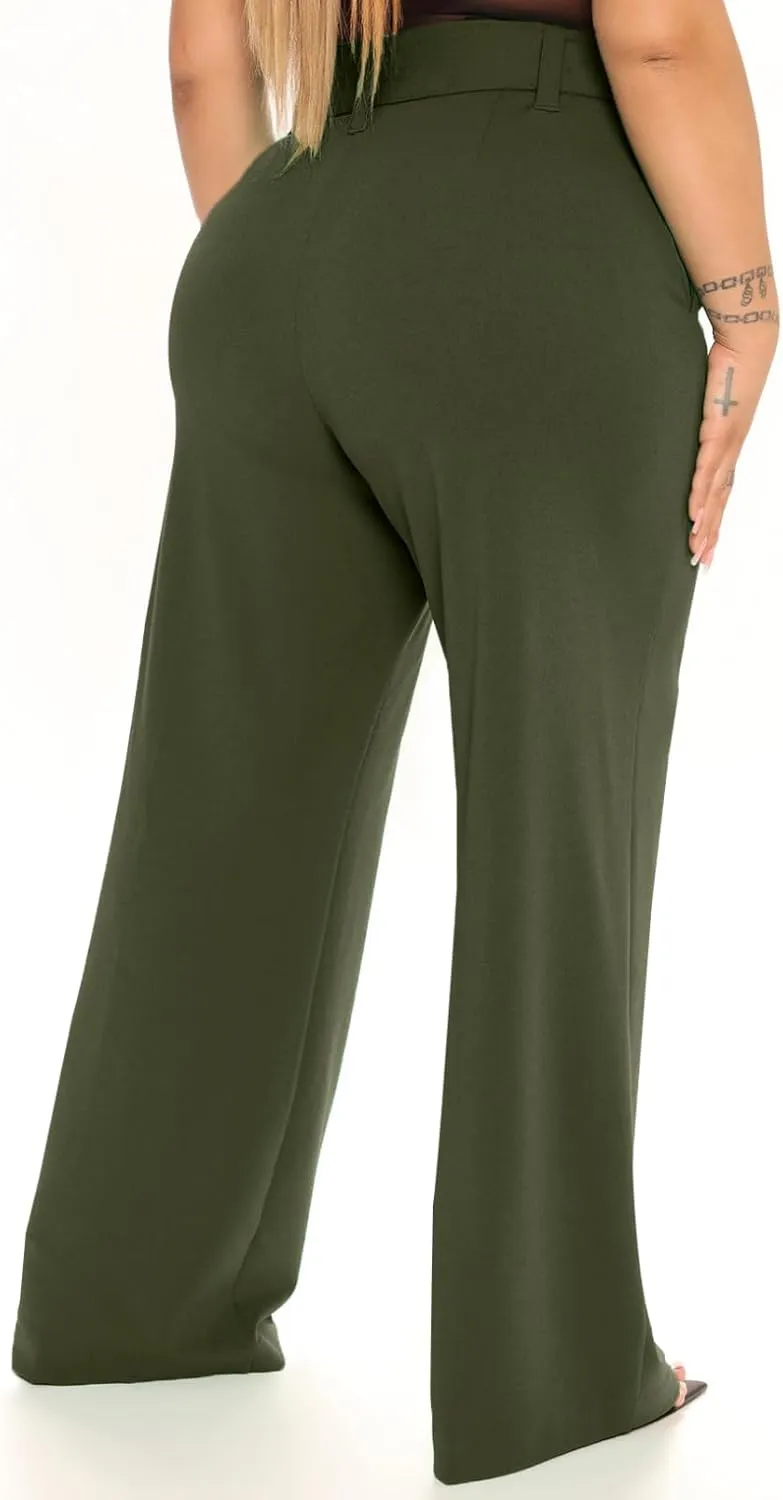 Eytino Womens Plus Size Stretch Dress Pants Comfy Wide Leg Belted Lounge Pants for Office, 1X-5X