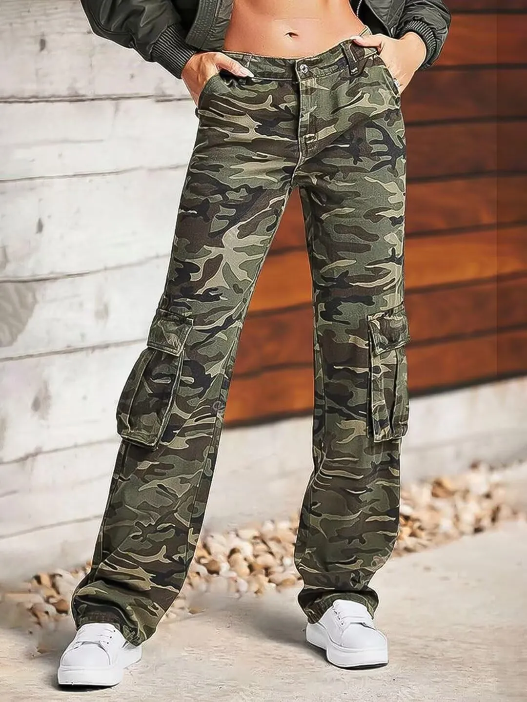 Flamingals Cargo Pants for Women Baggy Wide Leg Mid Waist Causal Y2K Pants with Pockets