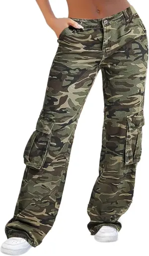 Flamingals Cargo Pants for Women Baggy Wide Leg Mid Waist Causal Y2K Pants with Pockets