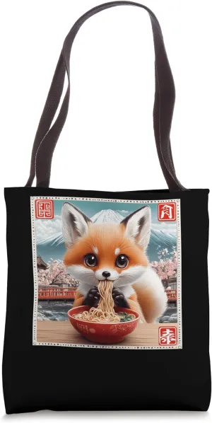 Floral Japanese Mt. Fuji Noodles Cute Fox Pup Ramen Tote Bag