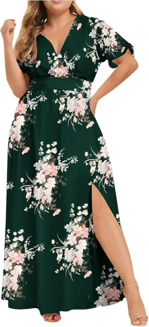 Floral Maxi Dresses for Women 2025 Summer Casual Plus Size V Neck Flowy Long Dress Baggy Comfy Beach Vacation Sundress
