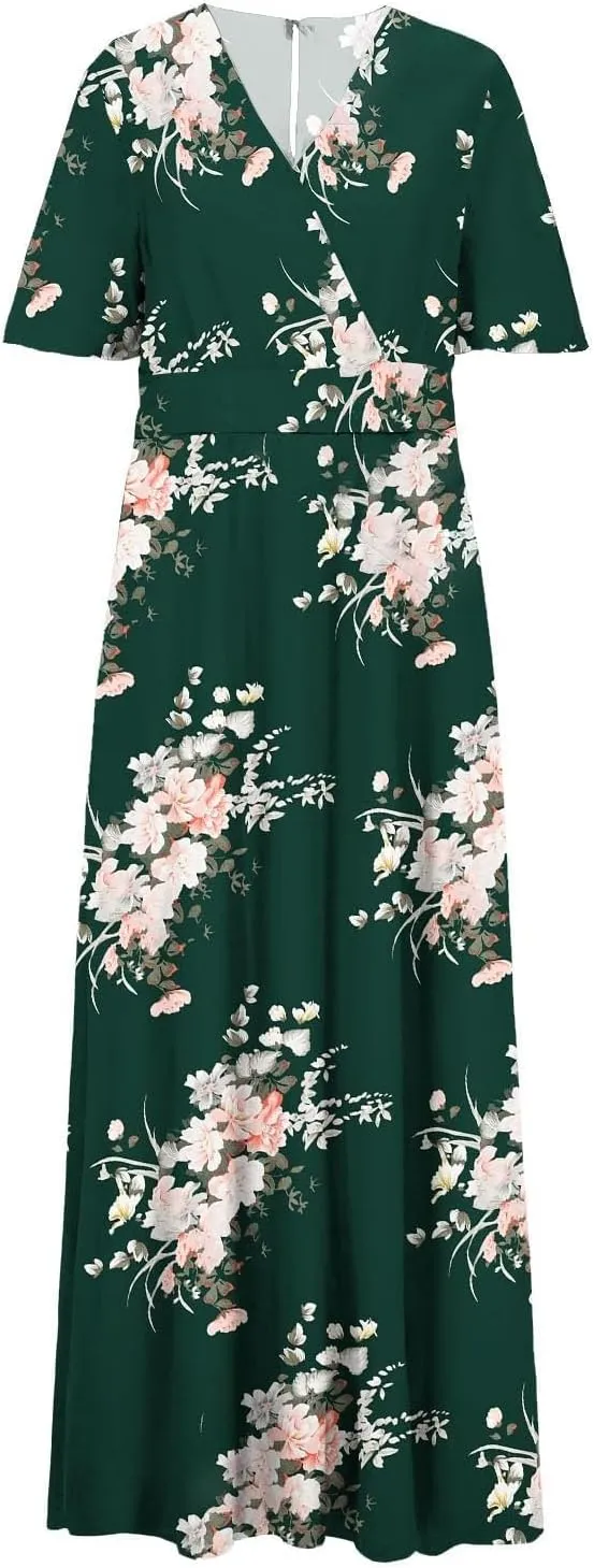Floral Maxi Dresses for Women 2025 Summer Casual Plus Size V Neck Flowy Long Dress Baggy Comfy Beach Vacation Sundress