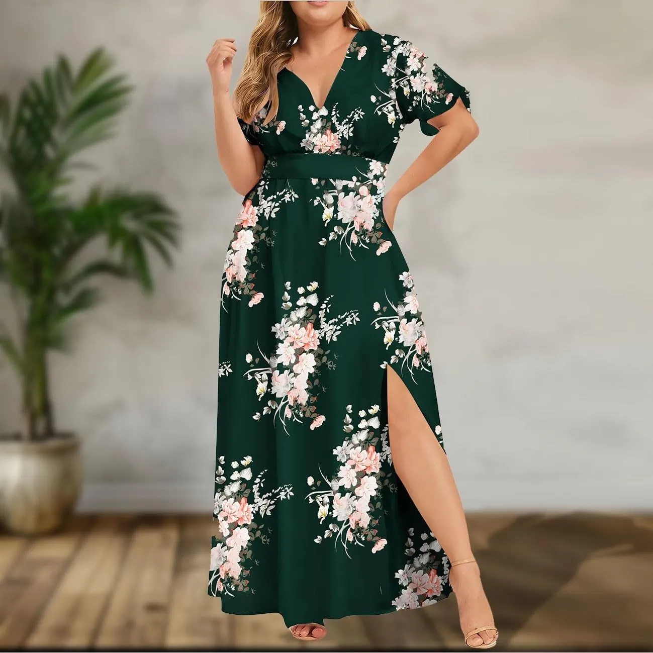 Floral Maxi Dresses for Women 2025 Summer Casual Plus Size V Neck Flowy Long Dress Baggy Comfy Beach Vacation Sundress