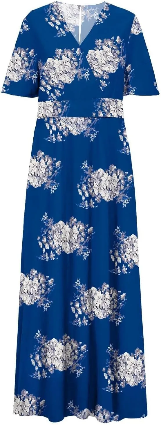 Floral Maxi Dresses for Women 2025 Summer Plus Size V Neck Flowy Split Long Dress Casual Baggy Comfy Beach Vacation Sundress