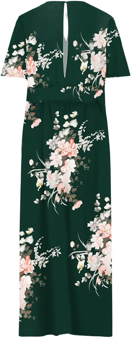 Floral Maxi Dresses for Women 2025 Summer Plus Size V Neck Flowy Split Long Dress Casual Baggy Comfy Beach Vacation Sundress