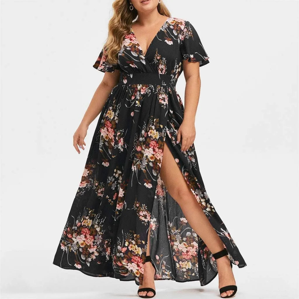 Floral Maxi Dresses for Women 2025 Summer Plus Size V Neck Flowy Split Long Dress Casual Baggy Comfy Beach Vacation Sundress