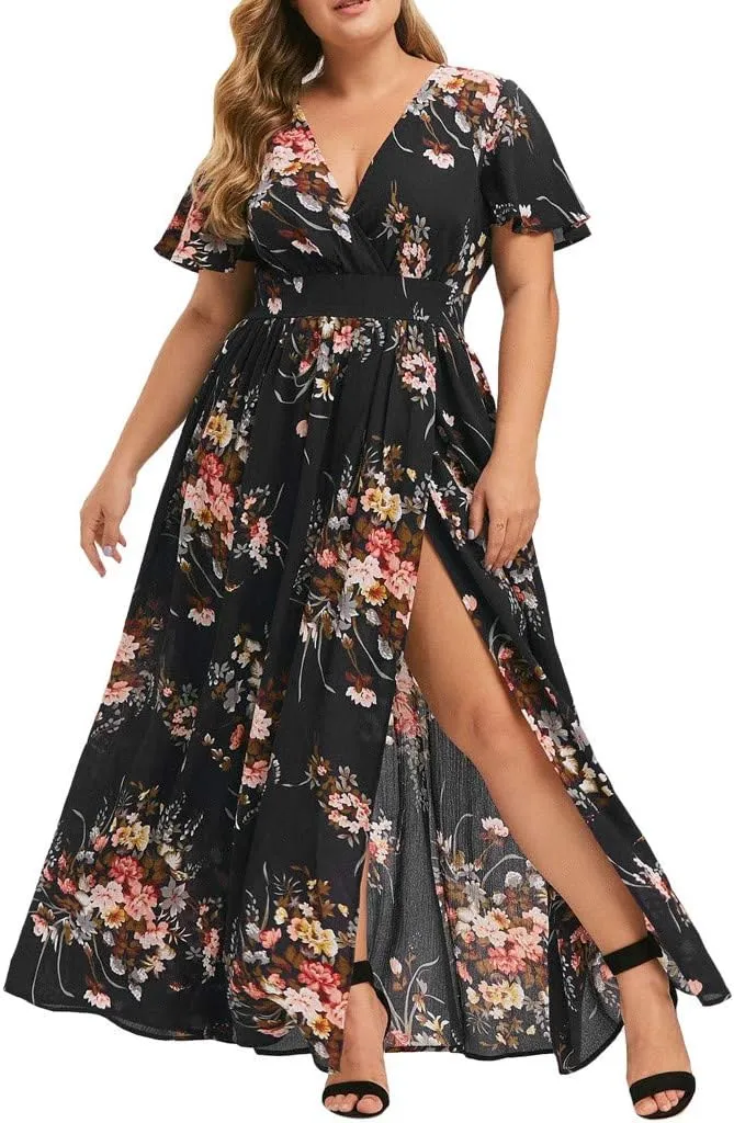 Floral Maxi Dresses for Women 2025 Summer Plus Size V Neck Flowy Split Long Dress Casual Baggy Comfy Beach Vacation Sundress