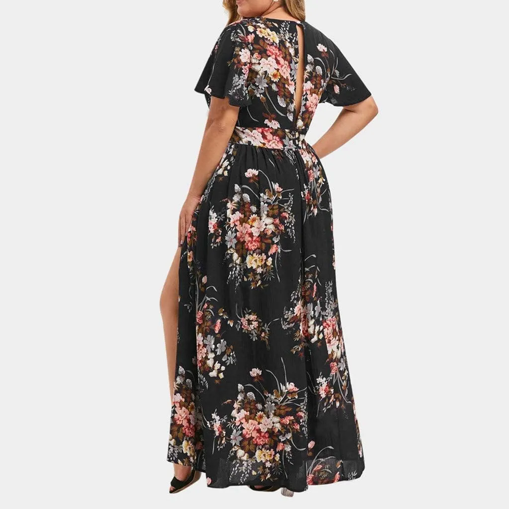 Floral Maxi Dresses for Women 2025 Summer Plus Size V Neck Flowy Split Long Dress Casual Baggy Comfy Beach Vacation Sundress
