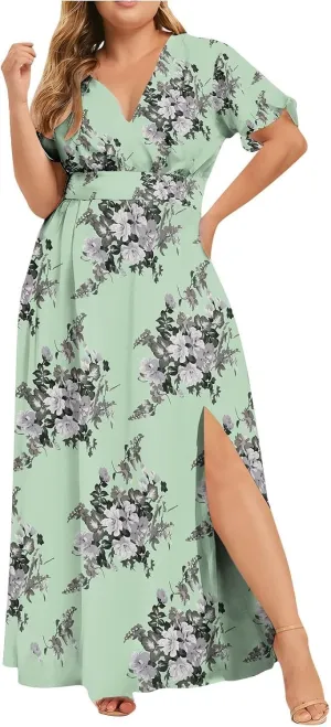 Floral Maxi Dresses for Women 2025 Summer Plus Size V Neck Flowy Split Long Dress Casual Baggy Comfy Beach Vacation Sundress