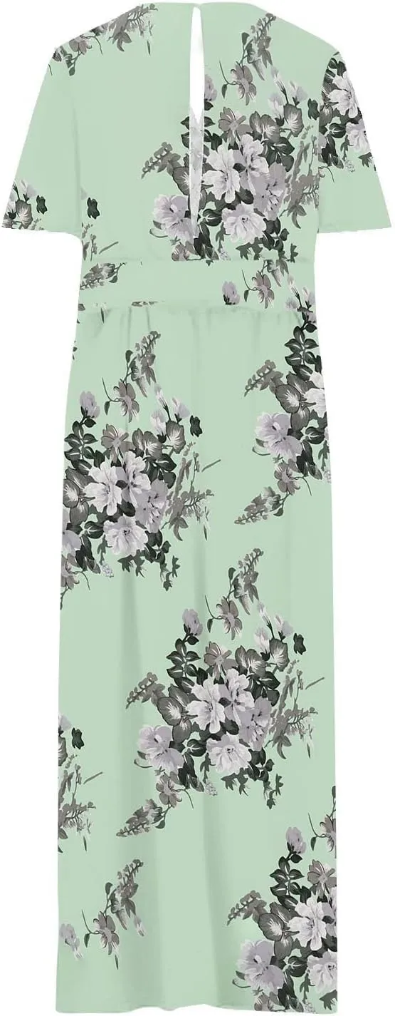 Floral Maxi Dresses for Women 2025 Summer Plus Size V Neck Flowy Split Long Dress Casual Baggy Comfy Beach Vacation Sundress