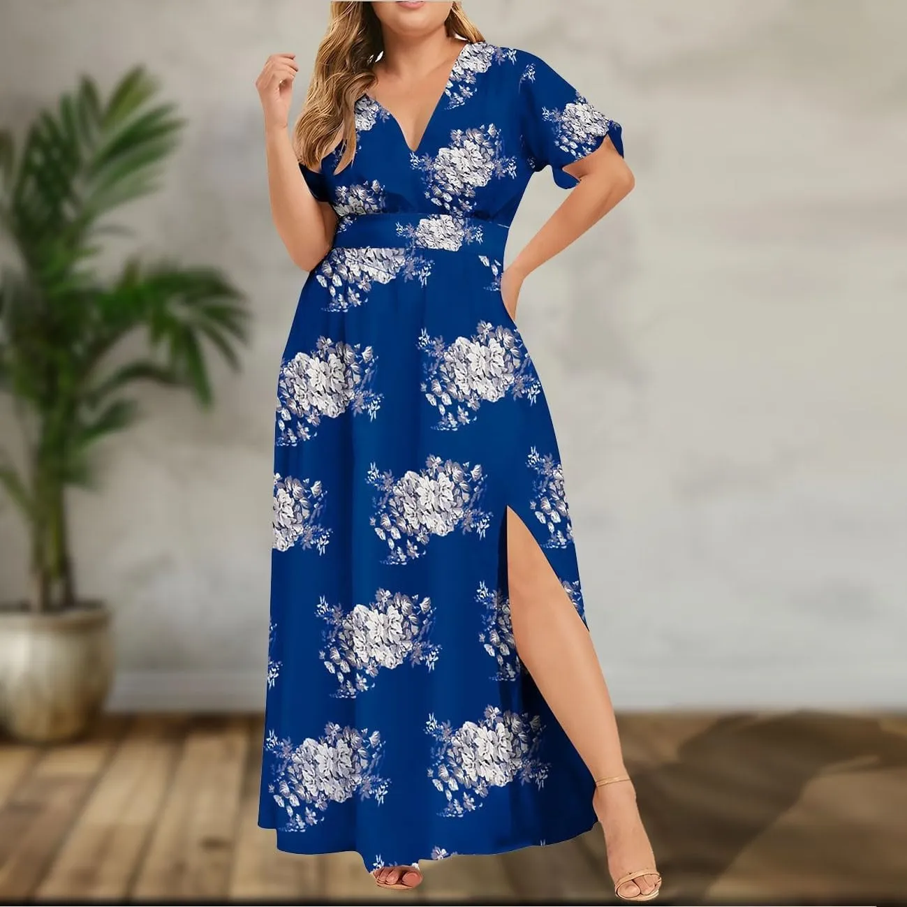 Floral Maxi Dresses for Women 2025 Summer Plus Size V Neck Flowy Split Long Dress Casual Baggy Comfy Beach Vacation Sundress