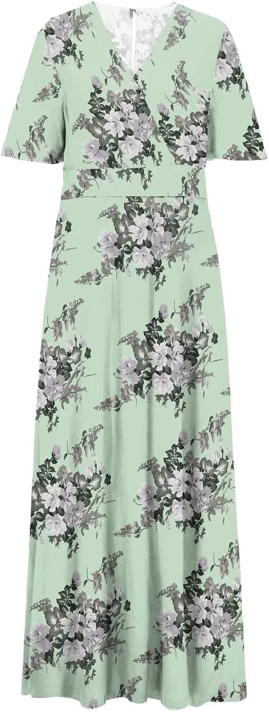 Floral Maxi Dresses for Women 2025 Summer Plus Size V Neck Flowy Split Long Dress Casual Baggy Comfy Beach Vacation Sundress
