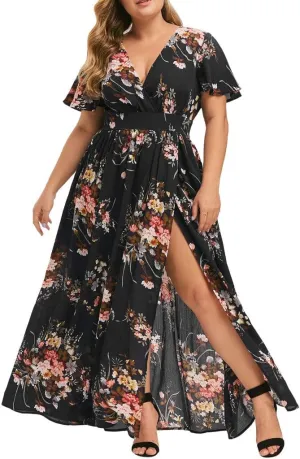 Floral Maxi Dresses for Women 2025 Summer Plus Size V Neck Flowy Split Long Dress Casual Baggy Comfy Beach Vacation Sundress