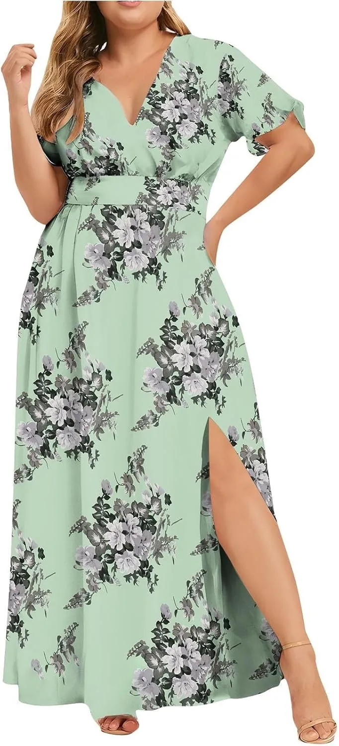 Floral Maxi Dresses for Women 2025 Summer Plus Size V Neck Flowy Split Long Dress Casual Baggy Comfy Beach Vacation Sundress
