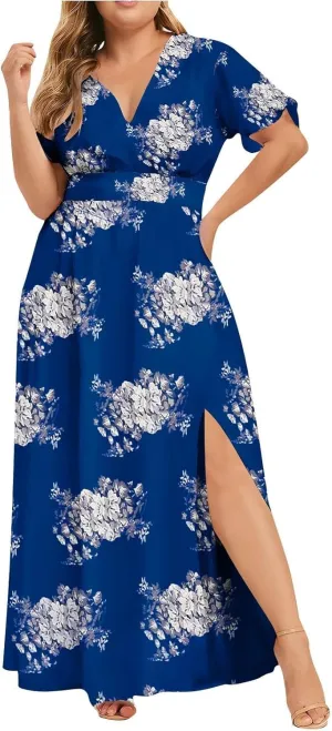 Floral Maxi Dresses for Women 2025 Summer Plus Size V Neck Flowy Split Long Dress Casual Baggy Comfy Beach Vacation Sundress