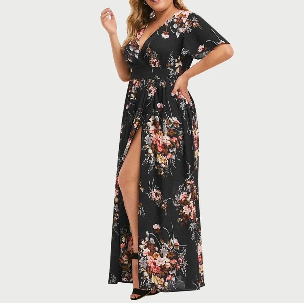 Floral Maxi Dresses for Women 2025 Summer Plus Size V Neck Flowy Split Long Dress Casual Baggy Comfy Beach Vacation Sundress