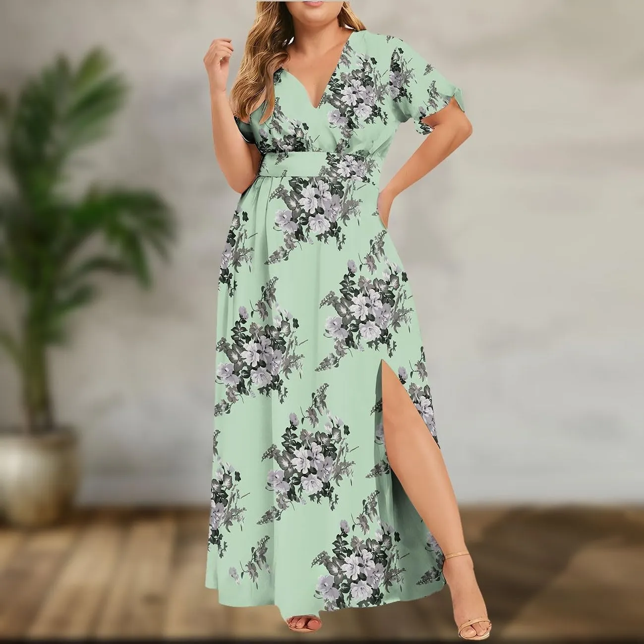 Floral Maxi Dresses for Women 2025 Summer Plus Size V Neck Flowy Split Long Dress Casual Baggy Comfy Beach Vacation Sundress