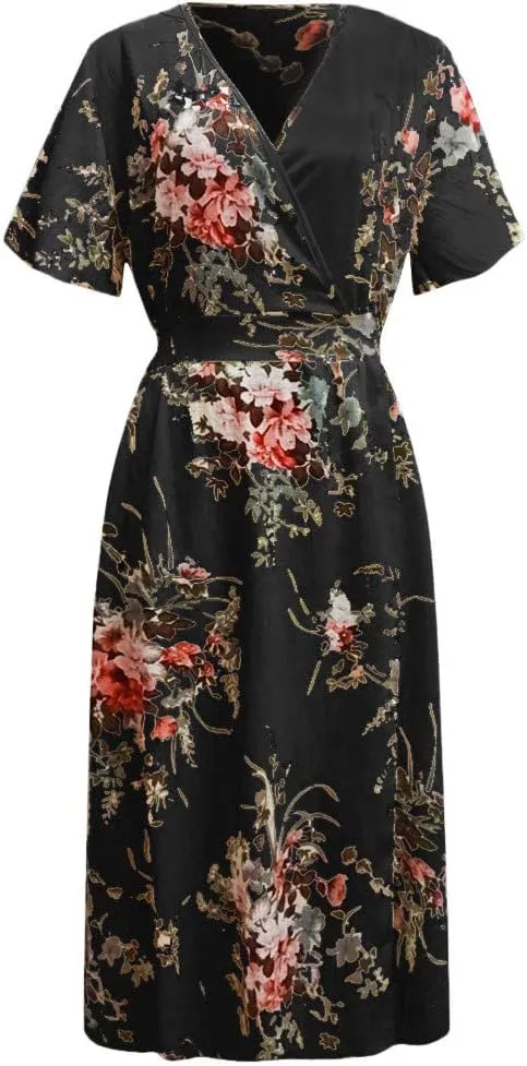 Floral Maxi Dresses for Women 2025 Summer Plus Size V Neck Flowy Split Long Dress Casual Baggy Comfy Beach Vacation Sundress