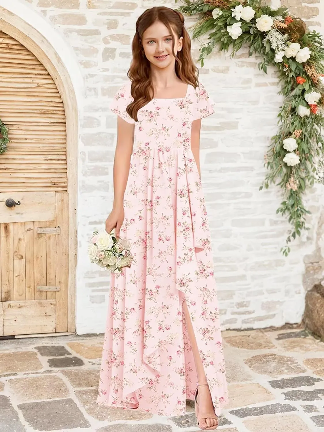 Flutter Sleeve Junior Bridesmaid Dresses for Wedding A Line Summer Chiffon Flower Girl Dress Long with Pockets