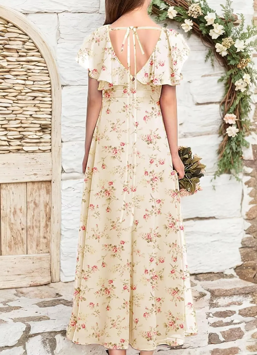 Flutter Sleeve Junior Bridesmaid Dresses for Wedding A Line Summer Chiffon Flower Girl Dress Long with Pockets