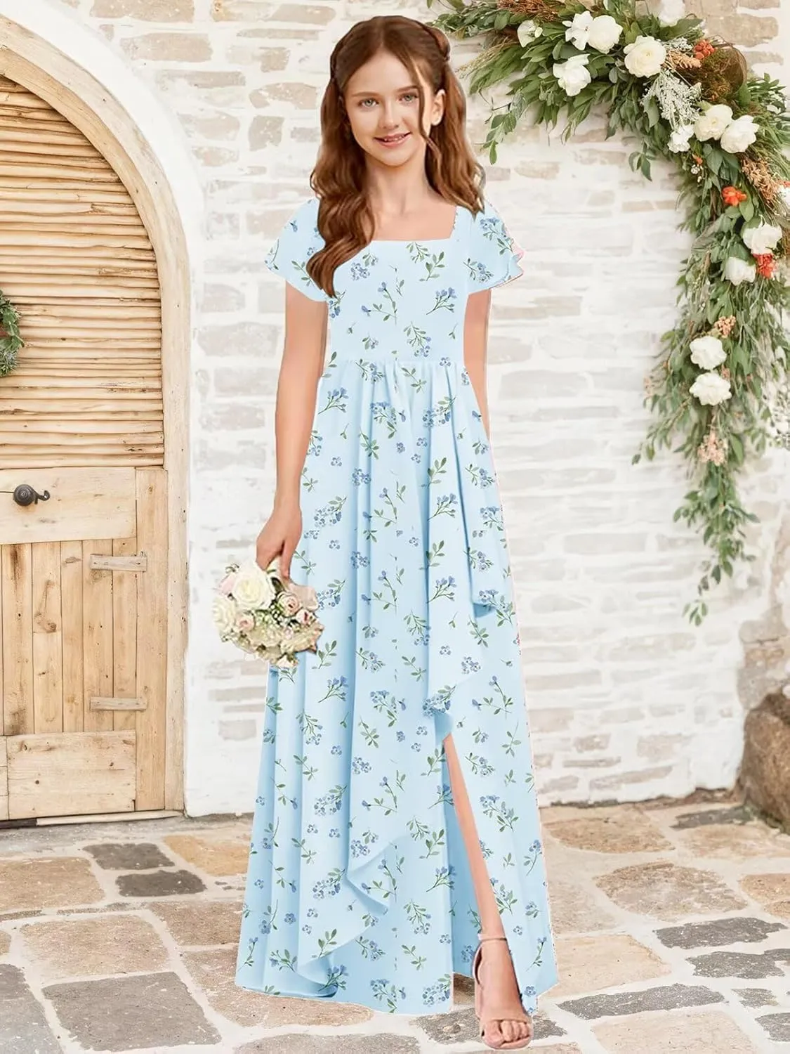 Flutter Sleeve Junior Bridesmaid Dresses for Wedding A Line Summer Chiffon Flower Girl Dress Long with Pockets