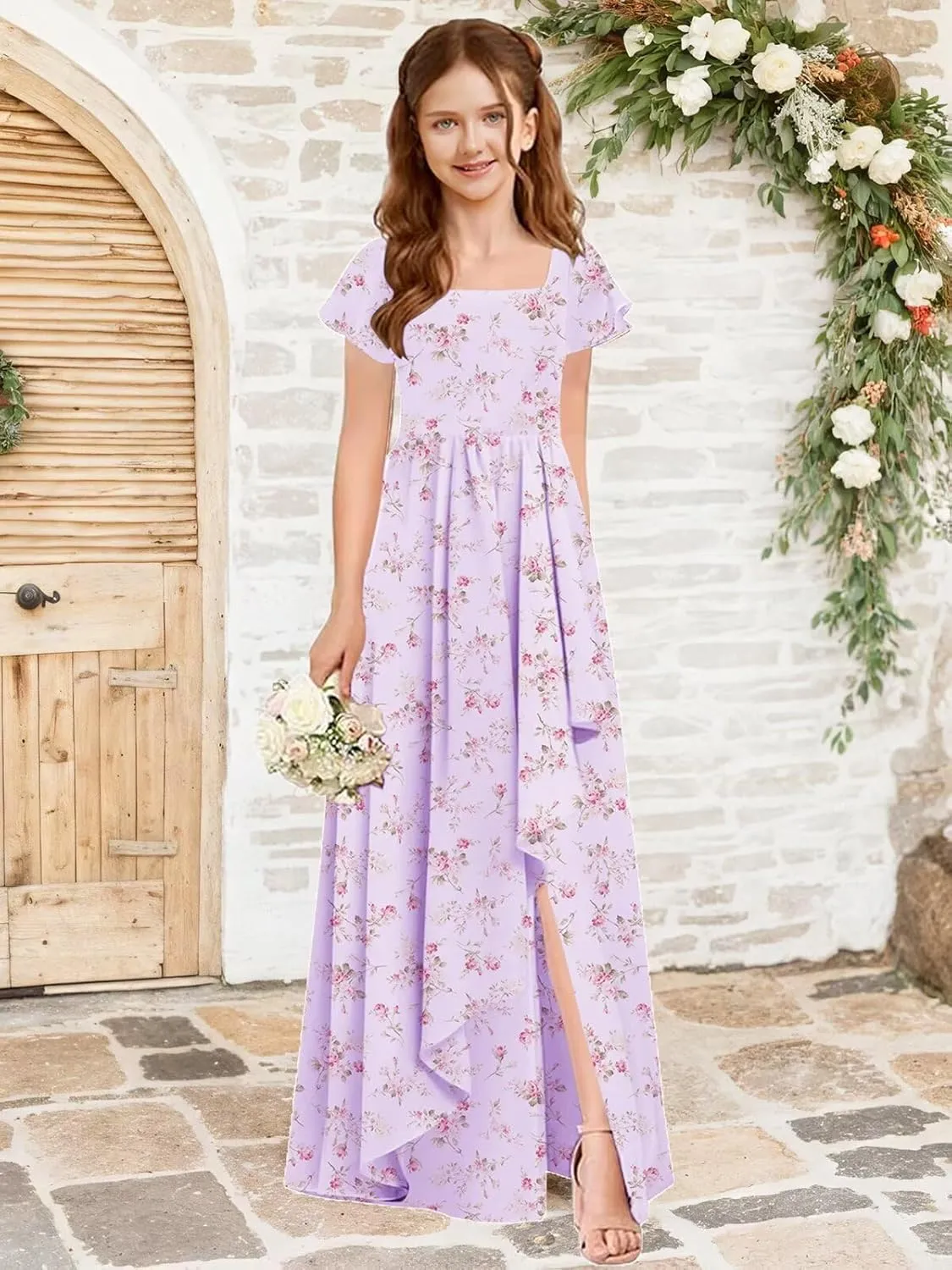 Flutter Sleeve Junior Bridesmaid Dresses for Wedding A Line Summer Chiffon Flower Girl Dress Long with Pockets