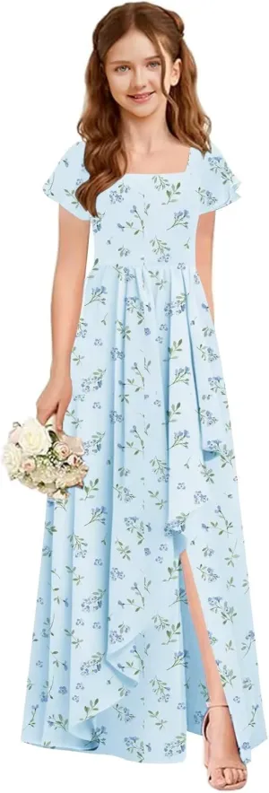 Flutter Sleeve Junior Bridesmaid Dresses for Wedding A Line Summer Chiffon Flower Girl Dress Long with Pockets