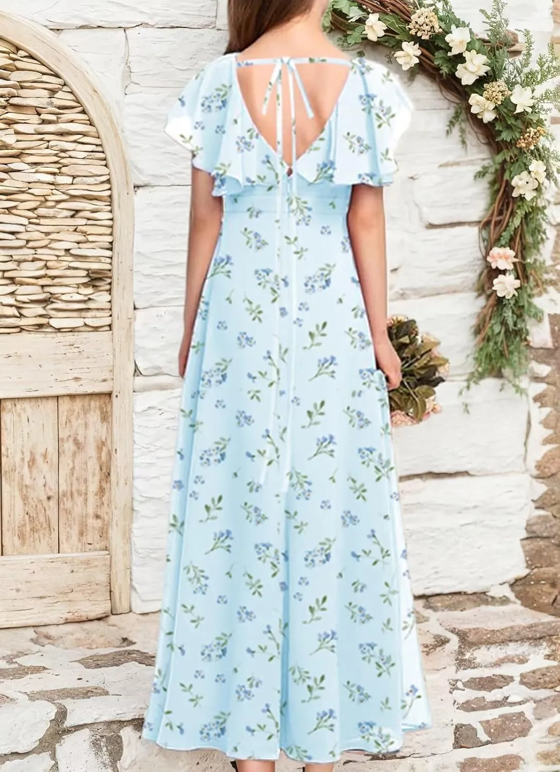 Flutter Sleeve Junior Bridesmaid Dresses for Wedding A Line Summer Chiffon Flower Girl Dress Long with Pockets