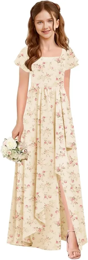 Flutter Sleeve Junior Bridesmaid Dresses for Wedding A Line Summer Chiffon Flower Girl Dress Long with Pockets